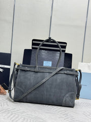 PRADA 25S BONNIE LARGE HANDBAG 38 IN DARK GRAY SUEDE GOLD HARDWRE