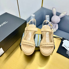 CC WEDGE SANDALS 25S IN BEIGE CALFSKIN WITH GOLD HARDWARE