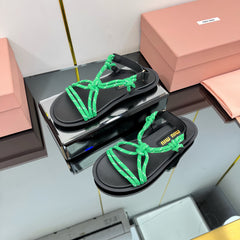 RIVIERE SANDALS IN BLACK CALFSKIN GREEN CORD