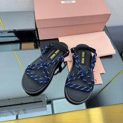 RIVIERE SANDALS IN BLACK CALFSKIN DARK BLUE CORD