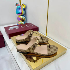 THONG SANDALS IN DARK BEIGE FABRIC PRINTED LOGO WITH GOLD HARDWARE