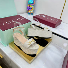 GG WEDGE HEELS IN STONE BEIGE FABRIC AND CALFSKIN WITH GOLD HARDWARE STYLE 5