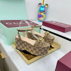 GG WEDGE HEELS IN DARK BEIGE FABRIC AND CALFSKIN WITH GOLD HARDWARE STYLE 3