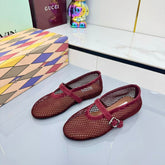 ALAIA MARY JANE FLAT 25S IN DARK RED MESH SUEDE