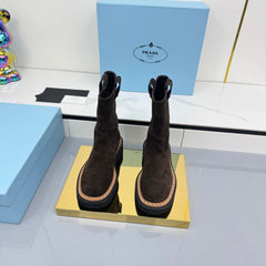 PRADA 25S HIGH MARTIN BOOTS 50MM IN DARK BROWN SUEDE