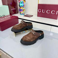 GG PLATFORM MULES 25S IN BROWN SUEDE