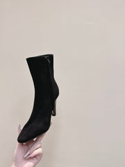 YSL 25S HEELED ANKLE BOOTS 75 MM IN BLACK SUEDE