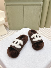 CHANEL 25S FUR SLIPPERS DOUBLE-LAYERED IN DARK BROWN WITH WHITE CC LOGO