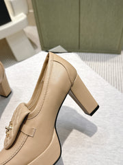 CHANEL 25S HIGH-HEELED MOCCASINS 80MM IN LIGHT TAN CALFSKIN GOLD HARDWARE