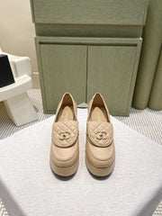 CHANEL 25S HIGH-HEELED MOCCASINS 80MM IN LIGHT TAN CALFSKIN GOLD HARDWARE