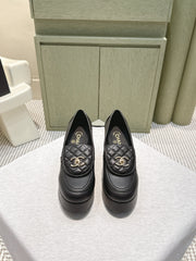 CHANEL 25S HIGH-HEELED MOCCASINS 80MM IN BLACK CALFSKIN GOLD HARDWARE