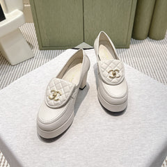 CHANEL 25S HIGH-HEELED MOCCASINS 80MM IN WHITE CALFSKIN GOLD HARDWARE
