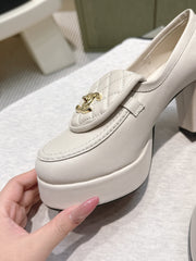 CHANEL 25S HIGH-HEELED MOCCASINS 80MM IN WHITE CALFSKIN GOLD HARDWARE