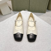 CHANEL 25S MARY JANE FLATS IN IVORY LAMBSKIN WITH BLACK CAP TOE SILVER HARDWARE