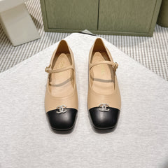 CHANEL 25S MARY JANE FLATS IN BEIGE LAMBSKIN WITH BLACK CAP TOE SILVER HARDWARE