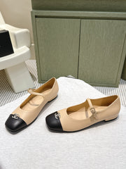 CHANEL 25S MARY JANE FLATS IN BEIGE LAMBSKIN WITH BLACK CAP TOE SILVER HARDWARE