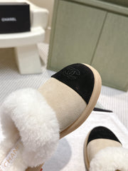 CHANEL 25S FUR-LINED MULES IN BEIGE AND BLACK SUEDE