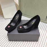CHANEL 25S SLINGBACK SHOES 90MM IN BLACK SUEDE SQUARE TOE PINK HARDWARE