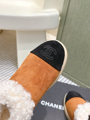 CHANEL 25S SHORT SUEDE BOOTS IN CARAMEL AND BLACK WITH SHEEPSKIN LINING