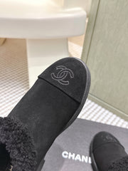 CHANEL 25S SHORT SUEDE BOOTS IN BLACK WITH SHEEPSKIN LINING