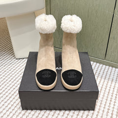 CHANEL 25S CALF-HIGH BOOTS IN BLACK AND BEIGE SUEDE LINED WITH SHEEPSKIN