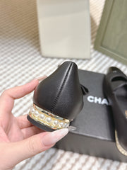 CHANEL 25S MARY JANE BALLET FLATS IN BLACK LAMBSKIN PATENT CAP TOE WITH BOW