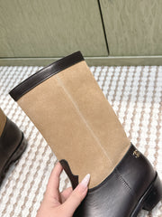 CHANEL 25S MID-CALF BOOTS IN TAN BROWN SUEDE MIX BLACK CALFSKIN