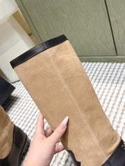 CHANEL 25S KNEE-HIGH BOOTS IN TAN BROWN SUEDE MIX BLACK CALFSKIN