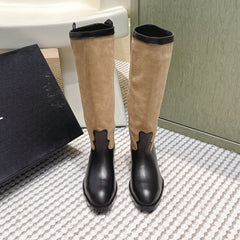 CHANEL 25S KNEE-HIGH BOOTS IN TAN BROWN SUEDE MIX BLACK CALFSKIN