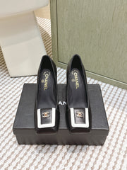 CHANEL 25S SLINGBACK SHOES 90MM IN BLACK CALFSKIN SQUARE TOE GOLD HARDWARE