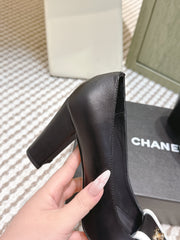 CHANEL 25S SLINGBACK SHOES 90MM IN BLACK CALFSKIN SQUARE TOE GOLD HARDWARE