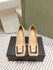 CHANEL 25S SLINGBACK SHOES 90MM IN BEIGE CALFSKIN SQUARE TOE GOLD HARDWARE
