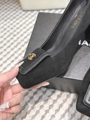 CHANEL 25S SLINGBACK SHOES 90MM IN BLACK SUEDE SQUARE TOE GOLD HARDWARE