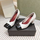 CHANEL 25S SQUARE-TOE HIGH HEELS 90MM IN WHITE AND BLACK CALFSKIN