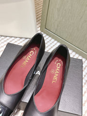 CHANEL 25S SQUARE-TOE HIGH HEELS 90MM IN BLACK CALFSKIN