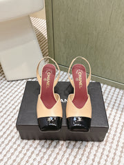 CHANEL 25S HIGH-HEELED SQUARE-TOE SLINGBACK 90MM IN DARK BEIGE AND BLACK CALFSKIN