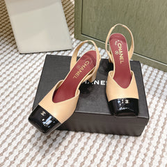 CHANEL 25S HIGH-HEELED SQUARE-TOE SLINGBACK 90MM IN DARK BEIGE AND BLACK CALFSKIN