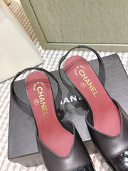 CHANEL 25S HIGH-HEELED SQUARE-TOE SLINGBACK 90MM IN BLACK CALFSKIN
