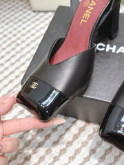 CHANEL 25S HIGH-HEELED SQUARE-TOE SLINGBACK 90MM IN BLACK CALFSKIN