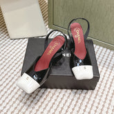 CHANEL 25S HIGH-HEELED SQUARE-TOE SLINGBACK 90MM IN BLACK AND WHITE CALFSKIN