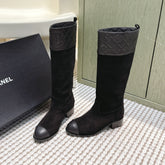 CHANEL 25S HIGH-CALF COWBOY BOOTS IN BLACK SUEDE AND CALFSKIN DIAMOND-QUILTED
