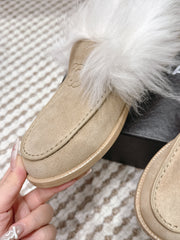 CHANEL 25S LOAFERS MOCCASIN IN BEIGE SUEDE WITH WHITE MINK FUR LINING