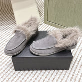 CHANEL 25S LOAFERS MOCCASIN IN LIGHT GRAY SUEDE WITH LIGHT BEIGE MINK FUR LINING
