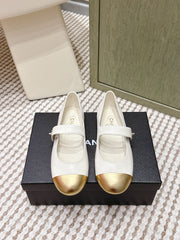 CHANEL 25S MARY JANE FLAT IN WHITE LAMBSKIN WITH YELLOW CAP TOE GOLD HARDWARE