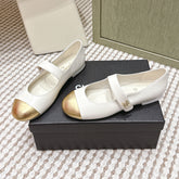 CHANEL 25S MARY JANE FLAT IN WHITE LAMBSKIN WITH YELLOW CAP TOE GOLD HARDWARE