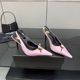YSL 25S SLINGBACK HIGH HEELS 90 MM IN PINK SATIN WITH GOLD HARDWARE STYLE 17