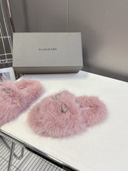 BALENCIAGA 25S SOFT FUR SLIPPERS IN LIGHT PINK FUR WITH RHINESTONE BOW