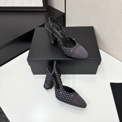 CC SLINGBACK 25S 90 MM IN BLACK DENIM WITH PLAID PATTERN