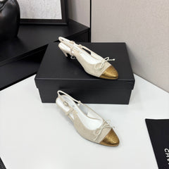 CC SLINGBACK 25S IN DUSTY BEIGE SUEDE AND GOLDEN BROWN LAMBSKIN WITH BOW