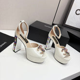 CC HIGH SANDAL 25S 110 MM IN CREAM WHITE CALFSKIN WITH MULTICOLOR STONES